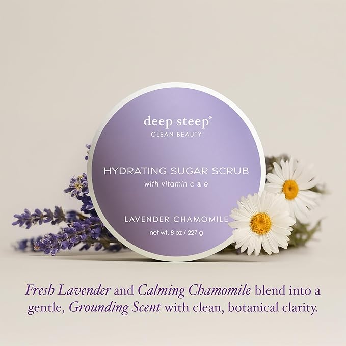 Deep Steep Sugar Scrub, Lavender Chamomile, 8 oz – Exfoliating Body Scrub with Organic Coconut Oil, Shea Butter & Argan Oil – Vegan, Clean Beauty, Smooth, Soft & Nourished Skin