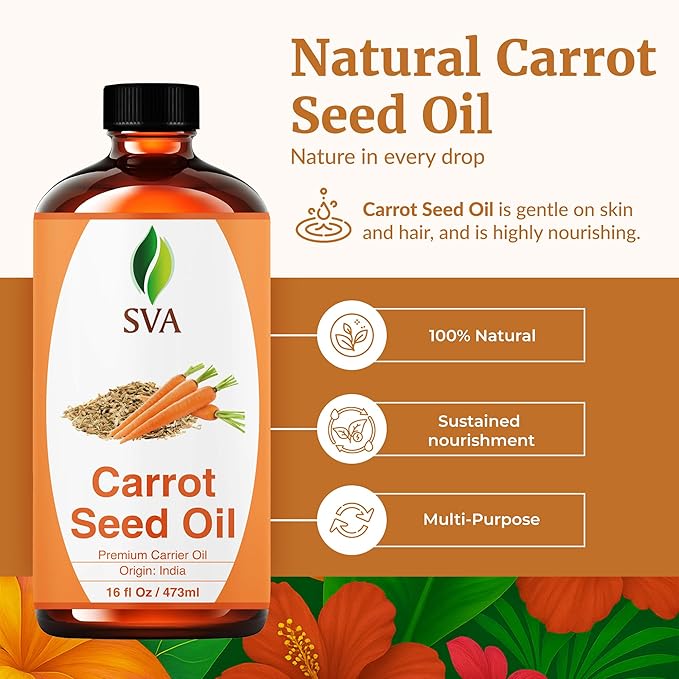 SVA Carrot Seed Oil - 16 Fl Oz – 100% Natural Cold Pressed Carrot Oil - for Face, Skin Care, Hair Care, Scalp Massage & Body Massage – Carrier Oil