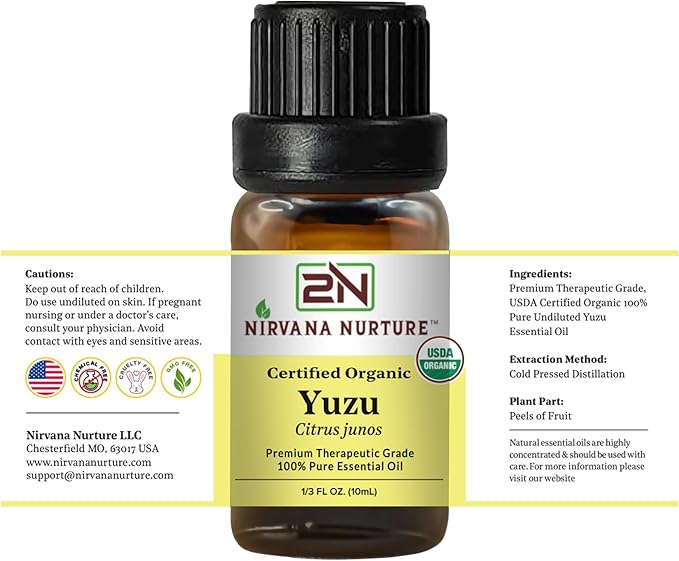 Yuzu Essential Oil, USDA Certified Organic, 100% Pure Undiluted, Aromatherapy Oil for Diffuser, Hair & Skin Care