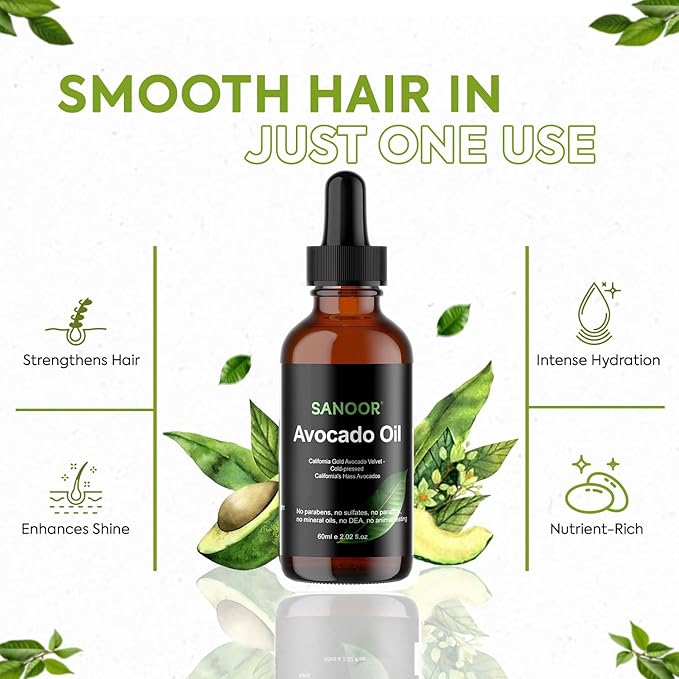 SANOOR California Gold Avocado Oil - 100% Pure & Cold-Pressed - Premium Grade for Hair & Skin with Nutrient-Rich Hair Butter - 2.02oz (60ml)