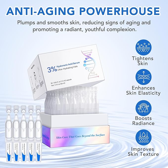 60PCS Ultra Hydrating Hyaluronic Acid Serum Tubes,3% Percent Hyaluronic Acid Moisturizer for Face & acne & scars,Single Use,Intensive Moisturizing, Skin Tightening, Emergency Repair, Anti-Aging