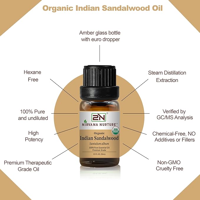 Indian Sandalwood Essential Oil, USDA Certified Organic, 100% Pure Undiluted, Aromatherapy Oil for Diffuser, Hair & Skin Care