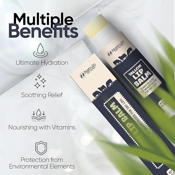 Beef Tallow Lip Balm – All Natural Tallow & Beeswax Chapstick – Hydrating Moisturizing Grass Fed Tallow Lip Care – Soothes Chapped, Dry, Sensitive Lips – Long Lasting & Vitamin Rich, Made in USA