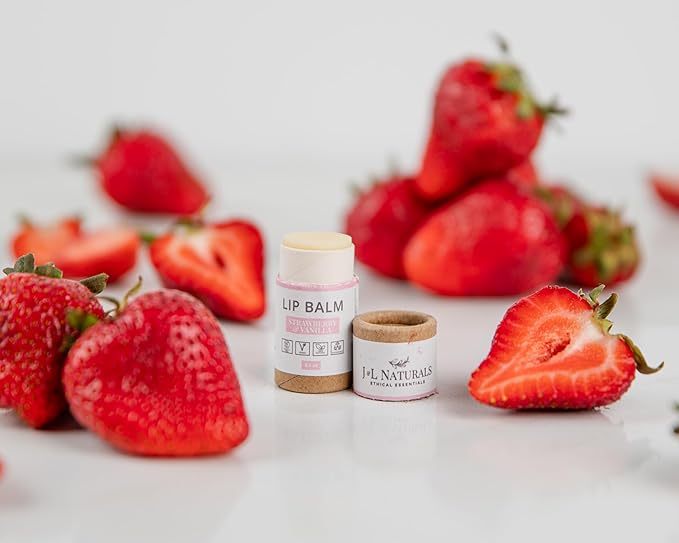 J&L Naturals Sustainable Lip Balm | Organic Ingredients, 100% Natural, Eco-Friendly | Cruelty Free, Vegan, Paraben Free, Silicone Free (Strawberry & Vanilla, 5-Piece Bundle)