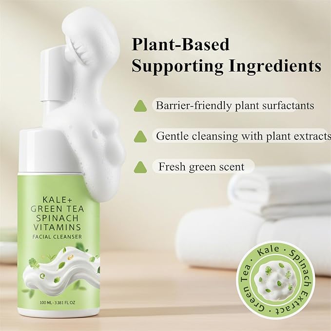 Gentle Foaming Facial Cleanser with Green Tea, Kale & Spinach, Hydrating Gel-to-Foam Face Wash for Dry & Sensitive Skin, Non-Stripping Daily Cleanser with Soft Brush, Morning Clean 3.38 Fl Oz