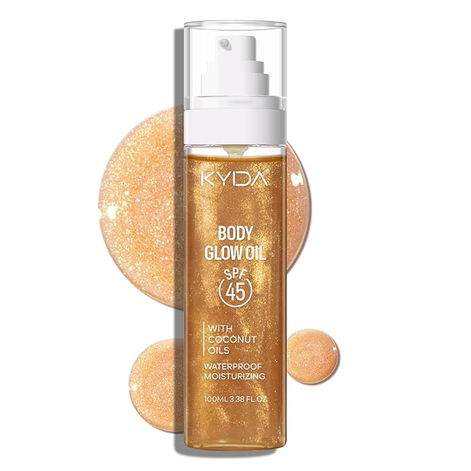 KYDA Travel Size Sunscreen,SPF 45 Sunscreen Spf Body Oil with Gold Mica, Sun-kissed Glow Skin Illuminator, Moisturizing Coconuts Summer Sunscreen, Water Resistant, 3.38 fl oz, AMBER