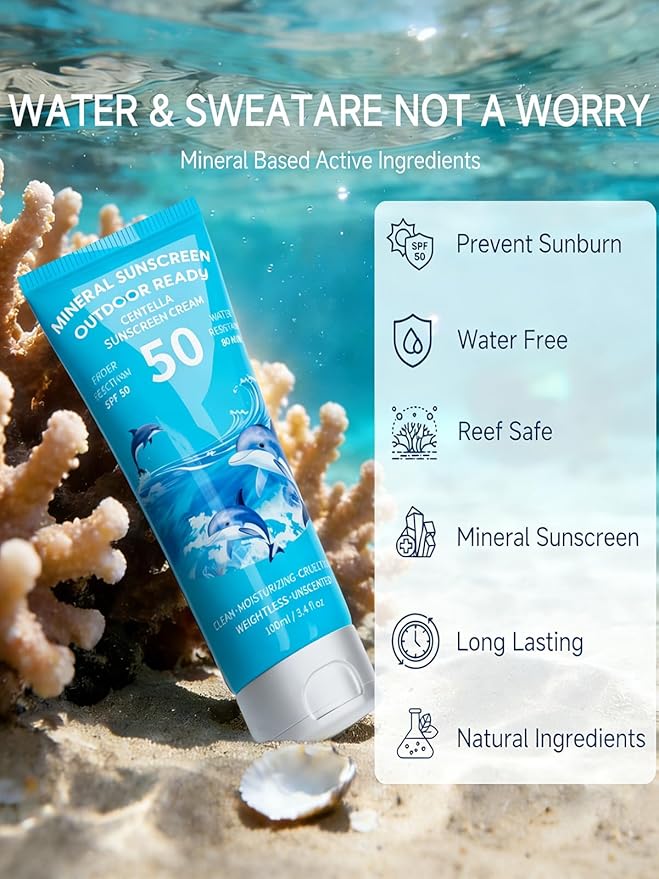 Reef Safe Sunscreen SPF 50, Travel Size Zinc Oxide Mineral Sunscreen, Natural Organic Centella Extract, Lightweight No White Cast, Non-Greasy, For Women & Men, Outdoor Beach Home Office Daily Use