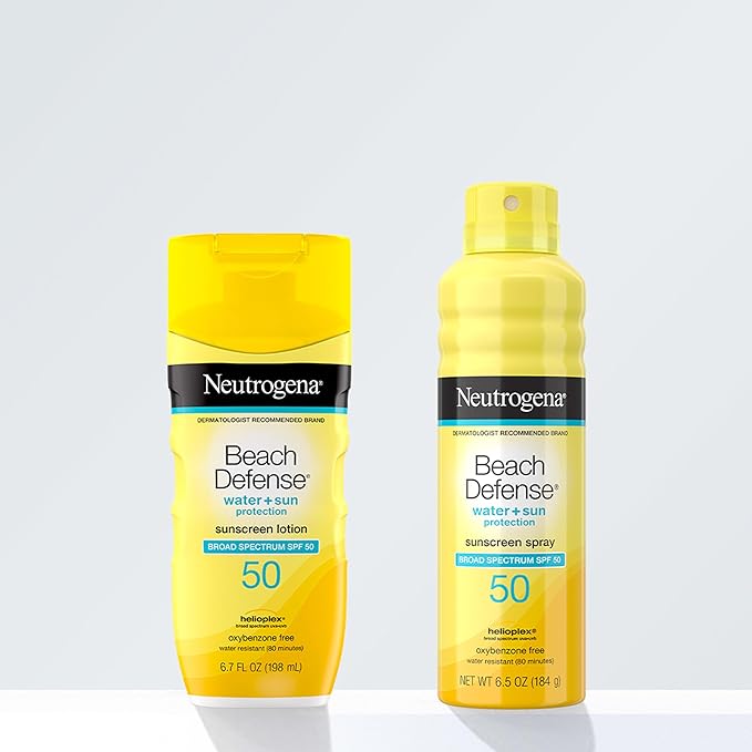 Neutrogena Sunscreen Lotion Beach Defense SPF 50, Face and Body Sunscreen, Hawaii Reef Act 104 Compliant, Octinoxate & Oxybenzone Free, Oil Free, Fast Absorbing Sun Care, 6.7 fl oz