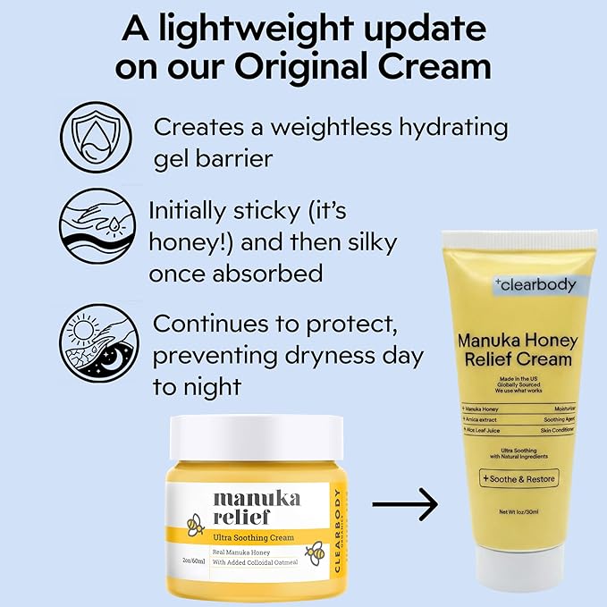 Clearbody Organics Manuka Honey Cream for Eczema & Dry Skin - Manuka Honey Ointment - Colloidal Oatmeal, Aloe & Natural Ingredients - Fast Relief Lotion for Reactive Skin - No Greasy Residue - 1 oz
