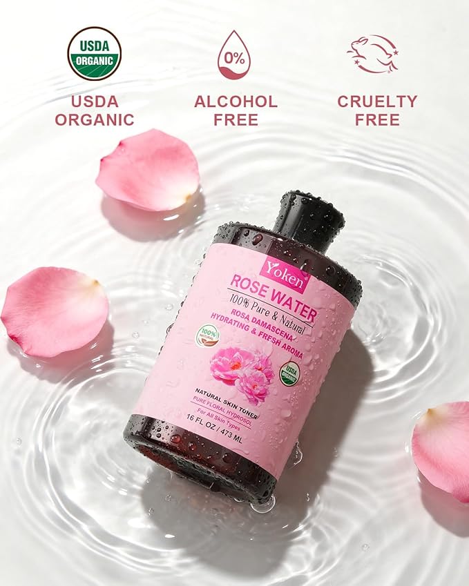 Yoken Organic Rose Water Toner for Face, 16 Fl Oz, 100% Pure & Natural Rosa Damascena Rose Hydrosol, USDA Certified Organic, Hydrating Rosewater for Skin & Hair, Alcohol Free, Vegan, No Dyes