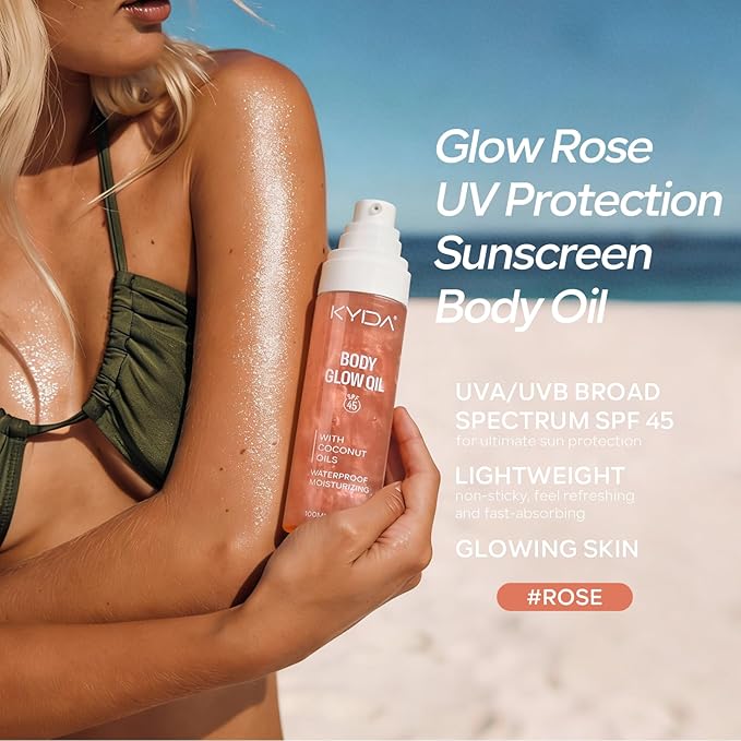 KYDA Travel Size Sunscreen,SPF 45 Sunscreen Spf Body Oil with Gold Mica, Sun-kissed Glow Skin Illuminator, Moisturizing Coconuts Summer Sunscreen, Water Resistant,3.38 fl oz, ROSE