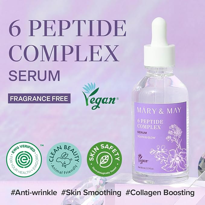 Mary&May 6 Peptide Complex Serum (Copper Peptide + Matrixyl + Adenosine) – Water-Light Anti-Aging Face Serum for Fine Lines & Firmness, Fast-Absorbing Non-Sticky, EWG Verified – 1.01 fl oz