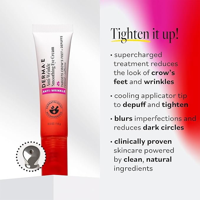Derma E Anti-Wrinkle Smoothing Eye Cream for Fine Lines and Crow's Feet, 0.5 Fl Oz, Anti Aging with Retinol, Caffeine and Antioxidants, Cooling Tip Helps Reduce Puffiness