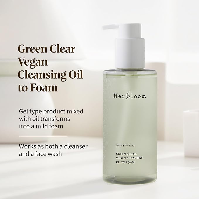 herbloom Green Clear Vegan Cleansing Oil to Foam - Korean Cleanser, pH Balanced Mild Foam Cleanser, Oil Based Cleanser, Sulfate Free, Vegan Skincare - 6.76 fl.oz.