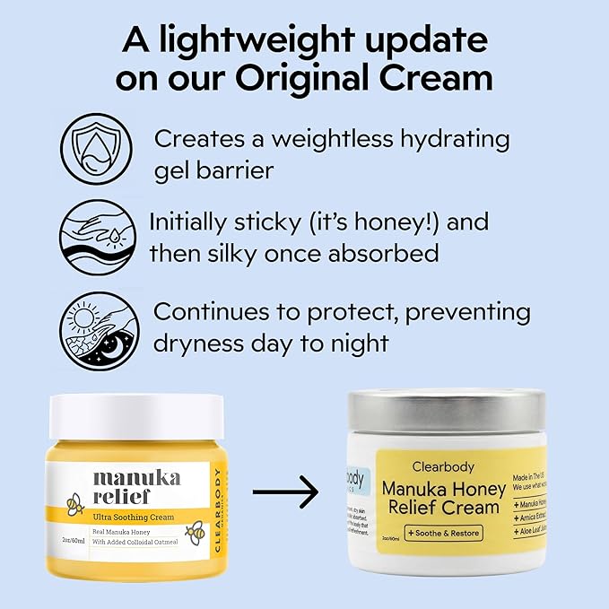 Clearbody Organics Manuka Honey Cream - 2 Fl Oz - Soothing Eczema Cream - Deep Hydration with Colloidal Oatmeal - Instant Manuka Relief for Dry, Itchy Skin