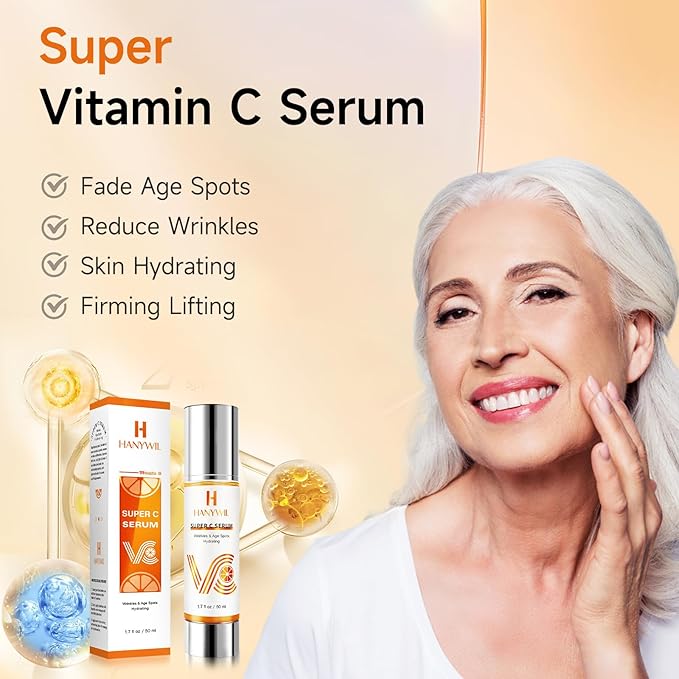 HANYWIL 20% Super Vitamin C Serum for Mature Skin, Targets Age Spot & Wrinkle Reduction with Hyaluronic Acid, Hydrating Anti-Age Serum 1.7fl oz