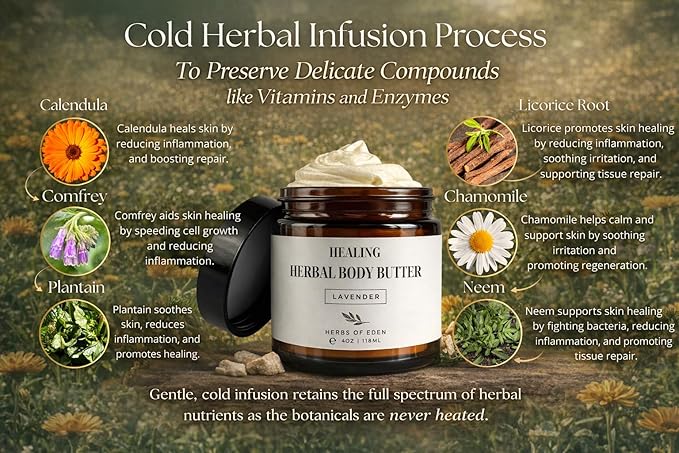 Herbs of Eden | Healing Herbal Body Butter | Pure Organic Calendual Comfrey Plantain with Castor Jojoba Rosehip Oil All Natural Soothing Whipped Body Moisturizer (Unscented)
