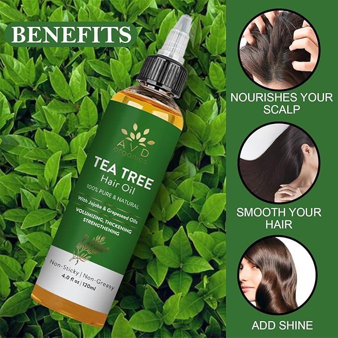 AVD Organics Tea Tree Oil for Hair & Scalp 120 ML | 100% Pure and Natural Tea Tree Hair Oil | Soothes Itchy Scalp | Moisturize Skin Strengthen Hair | Ideal for Both Men and Women | 4 fl oz