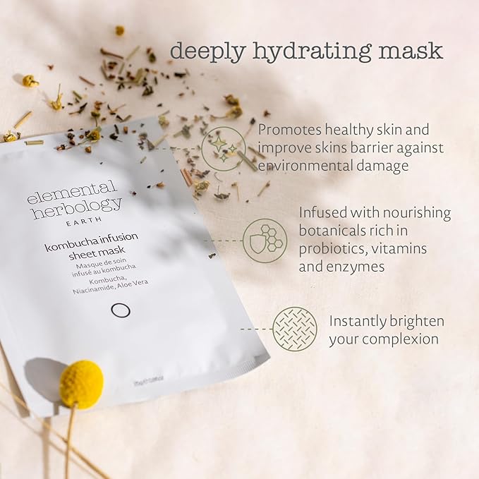 Elemental Herbology Kombucha Infusion Sheet Mask, 1 Mask– Radiance-Boosting, Face Sheet Mask with Probiotics, Niacinamide & Aloe Vera – Brightens, Hydrates & Strengthens Skin Barrier