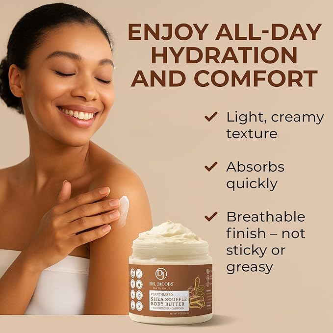Dr. Jacobs Naturals Shea Soufflé Body Butter for Men and Women - Whipped Shea Butter for Skin Moisture and Softness Without Thick, Greasy Feel - Plant-Based Gentle Formula with Soothing Sandalwood