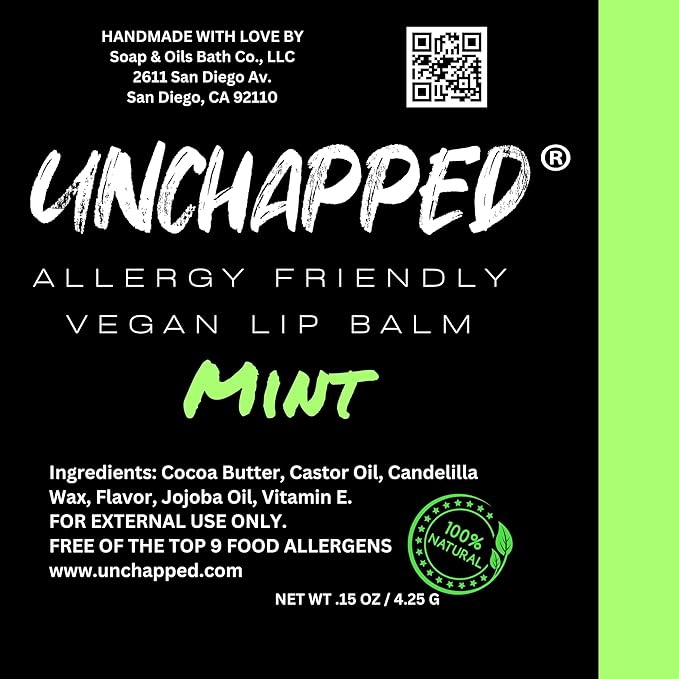 Vegan Lip Balm 5 Pack - All Natural and Free of Beeswax, Soy, Nut, and Top 9 Food Allergens (Mint, Lemon Lime, Green Apple, Honey, Cocoa Butter)