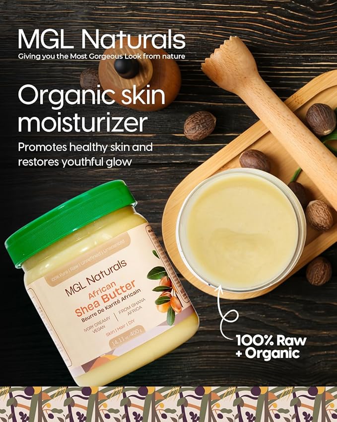 MGL Naturals Raw African Shea Butter Ivory 16oz, 100% Pure, and Unrefined. Nourish and moisturize hair and skin. Use alone or DIY recipes. From Ghana, West Africa. 16oz Jar