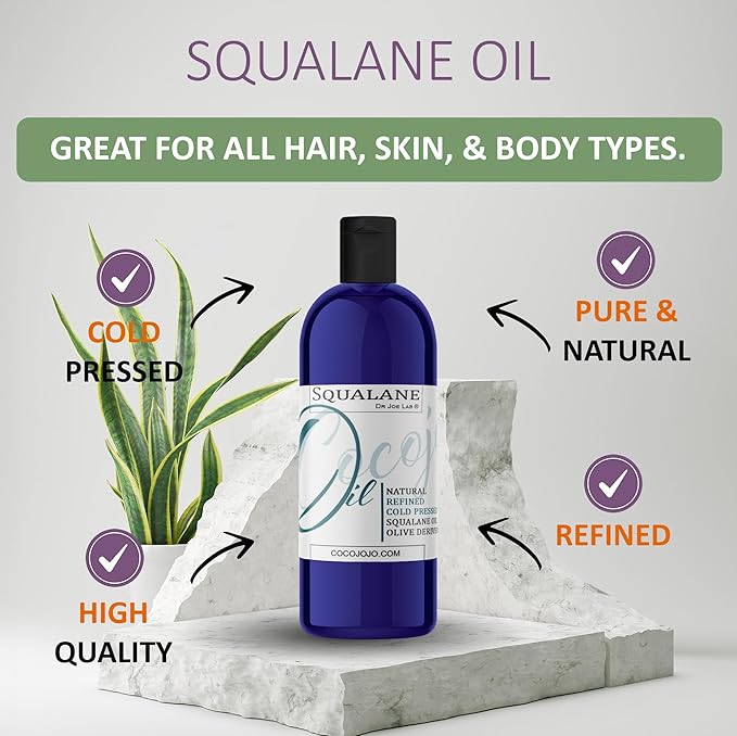 Dr Joe Lab Squalane Oil Pure Plant Derived Refined Cold Pressed Squalene From Olives Vegan Undiluted Bulk Carrier Oil for Face Skin Hair Body Cosmetics Natural Cleanser Moisturizer (2 oz)
