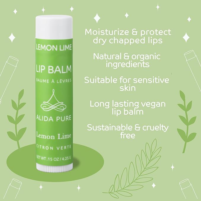 Lemon Lime Lip Balm Collection, Vegan Set, Bees Wax Free, Organic Jojoba and Avocado Oil, Vitamin E, Moisturizer For Dry Cracked Lips, 3 Tubes of Lip Balm per Set