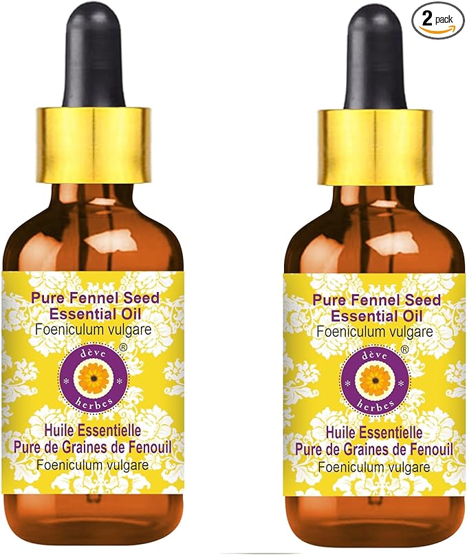 Deve Herbes Pure Fennel Seed Essential Oil (Foeniculum vulgare) with Glass Dropper Steam Distilled (Pack of Two) 100ml X 2 (6.76 oz)