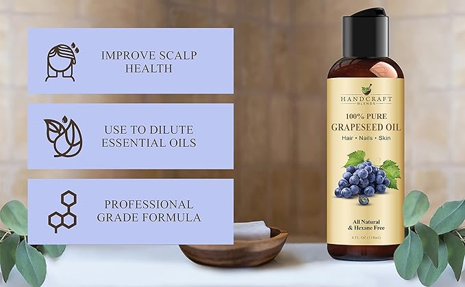 Handcraft Blends Grapeseed Oil - Cold-Pressed 4 Fl Oz - 100% Pure and Natural - Premium Grade Carrier Oil for Skin and Hair - Hair and Body - Massage - Hexane-Free