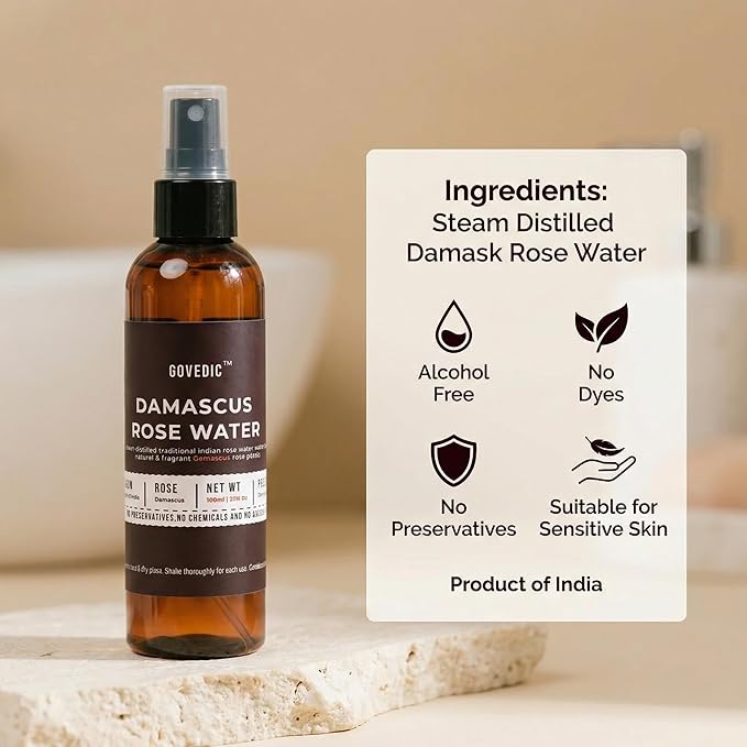 Govedic Rose Water Spray 100ml | Damask Rose Hydrating Face Mist & Toner | Natural Alcohol-Free & No Dyes for All Skin Types | Multi-Use Hydration for Face, Hair & Makeup Setting
