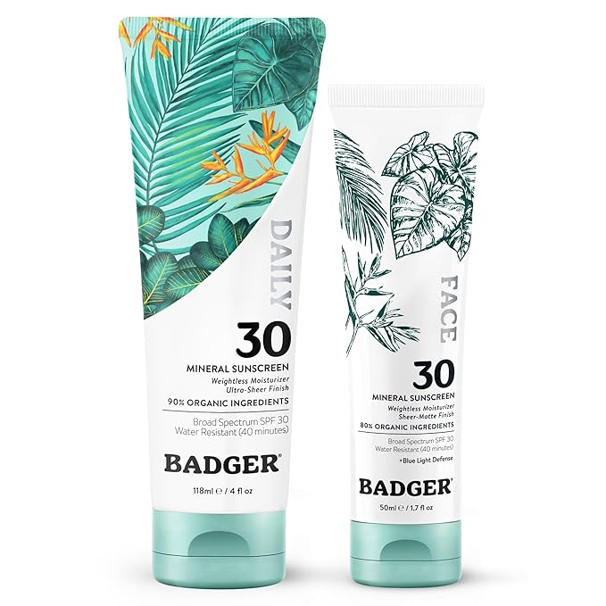 Badger Mineral Daily and Face Sunscreen Combo, SPF 30 Lightweight Organic Mineral Sunscreens with Zinc Oxide, Hydrating Everyday Sunscreen Lotions for Face & Body, Vegan & Unscented, 2-Pack