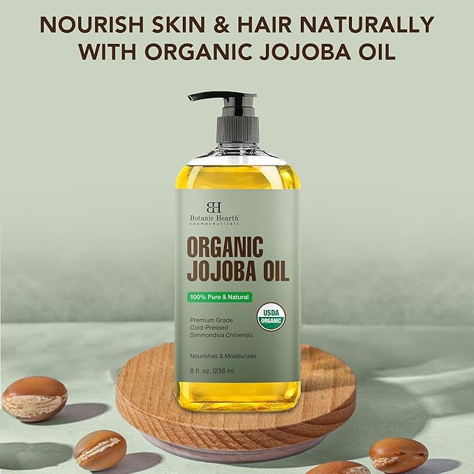 Botanic Hearth USDA Organic Jojoba Oil 8 Fl Oz |100% Pure and Natural- Cold Pressed & Hexane Free Natural Hair Growth Oil for Eyelashes, Eyebrows, Skin, Body, Face, Nails & Scalp