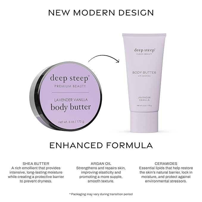 Deep Steep Body Butter, 6 oz – Rich Moisturizer with Ceramides, Coconut Oil, Argan Oil & Aloe Vera – Vegan, Clean Beauty, Smooth & Hydrated Skin (6 Ounces, Lavender Vanilla)