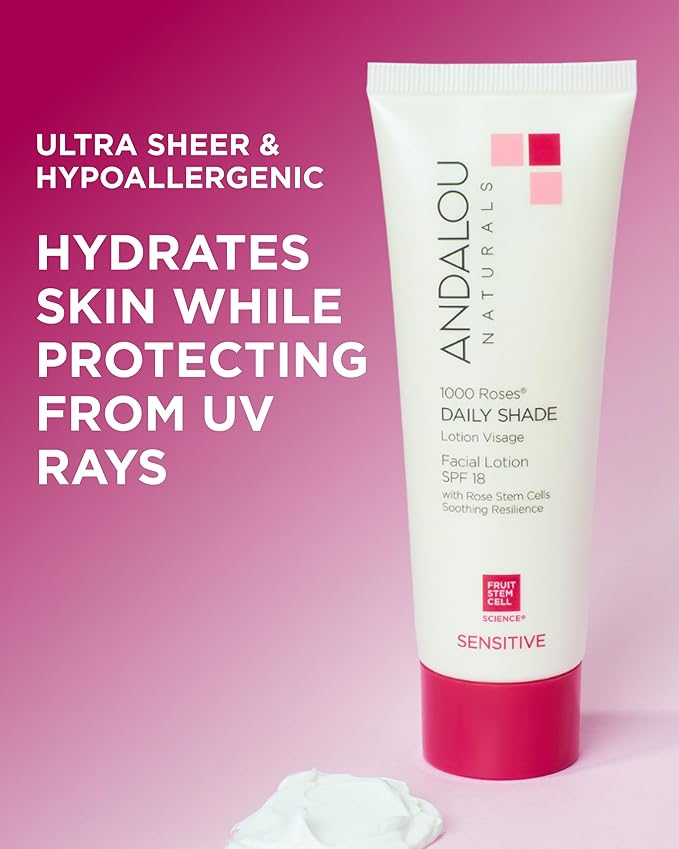 Andalou Naturals 1000 Roses Daily Shade Facial Lotion SPF 18 - 2-in-1 Skin Moisturizer & Face Sunscreen - Ultra Sheer & Hypoallergenic Skincare for Sensitive Skin - With Aloe Vera - 2.7 fl oz