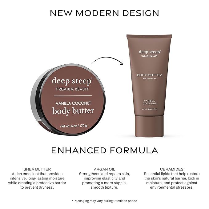Deep Steep Body Butter, 6 oz – Rich Moisturizer with Ceramides, Coconut Oil, Argan Oil & Aloe Vera – Vegan, Clean Beauty, Smooth & Hydrated Skin (6 Ounces, Vanilla Coconut)