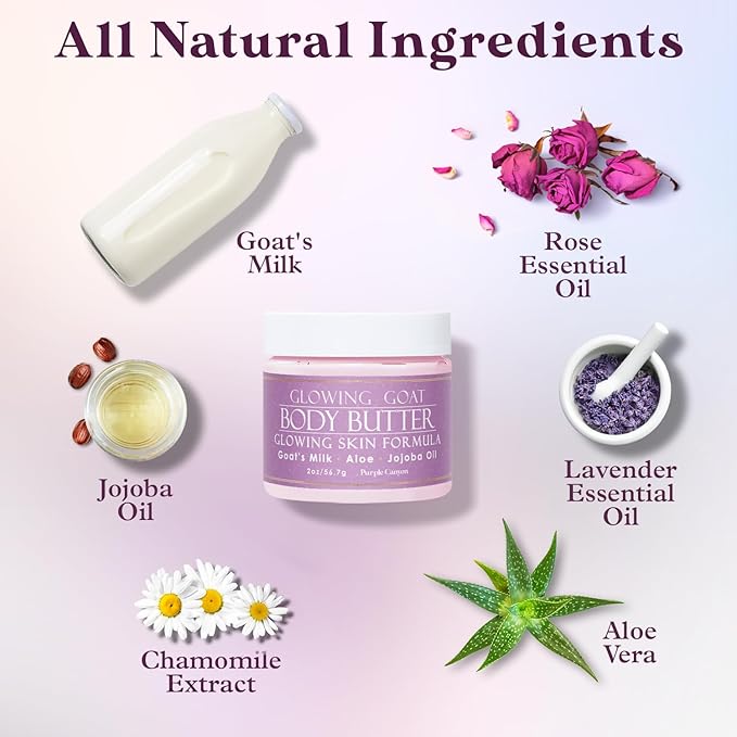 PURPLE CANYON Glowing Goat 2oz Mini Whipped Body Butter | Lavender, Rose & Cedar Infused with Goat Milk, Jojoba Oil & Aloe Vera | Natural Moisturizing Butter for Skin Care