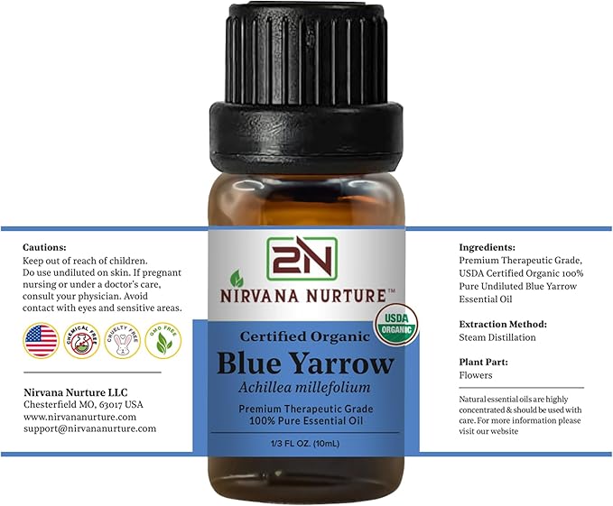 Blue Yarrow Essential Oil, USDA Certified Organic, 100% Pure Undiluted, Aromatherapy Oil for Diffuser, Hair & Skin Care