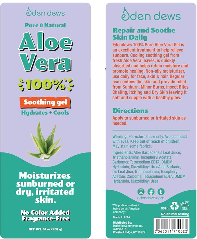 Eden Dews Organic Aloe Vera Gel 100% Pure, Moisturizing, Face Skin & Hair Care, Hydrating & Soothing for Dry Skin, Made in USA, Unscented, 16 oz, 2-Pack