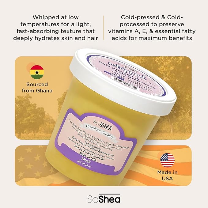SoShea Whipped Shea Butter Musk - Nourishes, Moisturizes & Renews | 100% African Pure Shea Butter | Cold-Pressed & Cold-Processed | No Dyes & Parabens | Vegan | 11.50oz / 326g