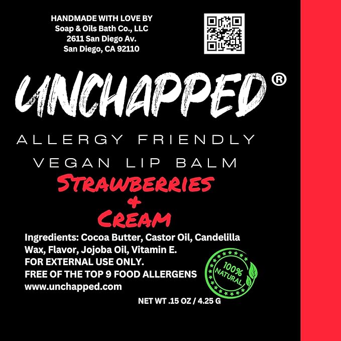 Vegan Lip Balm 3 Pack - All Natural and Free of Beeswax, Soy, Nut, and Top 9 Food Allergens (Strawberries and Cream, Watermelon, Mango)
