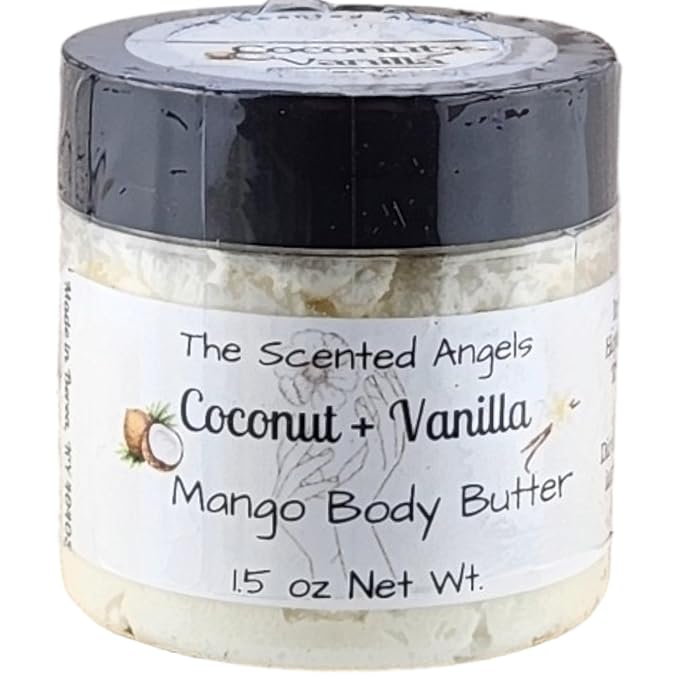 TSA Handmade Whipped Mango Coconut Vanilla Body Butter Cream, Luxury Body Lotion for Dry Skin, Daily Moisturizing Shea Butter, Sunflower Oil, Women, Men, Teens, 1.5 oz Jar (Coconut Vanilla, 1.5 oz)
