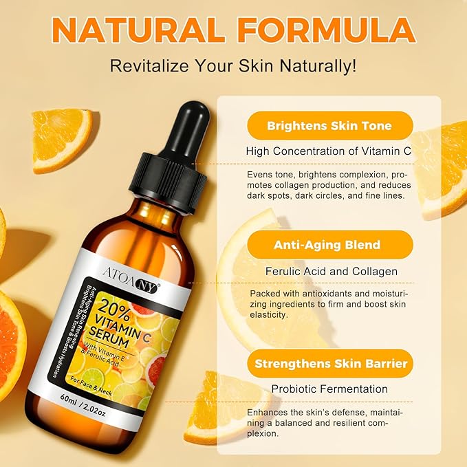 Vitamin C Serum,Anti Aging Facial Serum with Vitamin C,Reduce Dark Spots - Acne & Wrinkles, Brightening Serum, Even Skin Tone, Eye Area, Boost Skin Collagen,Hydrate & Plump Skin 60ml (2pcs)