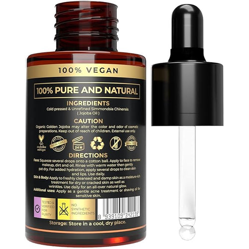 100% Plant Based Jojoba Oil Organic for Hair, Skin, Face & Nails | Aceite de Jojoba | Cold Pressed, Unrefined Body Oil for Deep Moisturizing, Anti-Aging & Scalp Nourishment | Natural Makeup Remover