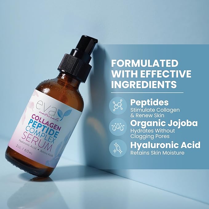 Eva Naturals Multi Peptide Face Serum – Anti Aging Collagen Peptides for Plump & Firm Skin Elasticity, Wrinkle & Fine Line Renewal, Fragrance Free Firming Facial Skincare - 2 oz