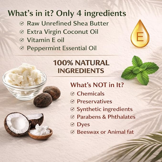 Shea Lip Butter - All Natural 4 Ingredient Lip Balm - Ultra Moisturizing Vegan Lip Balm for Long Lasting Hydration, Travel Sized, with Peppermint Oil, Non Toxic Ingredients