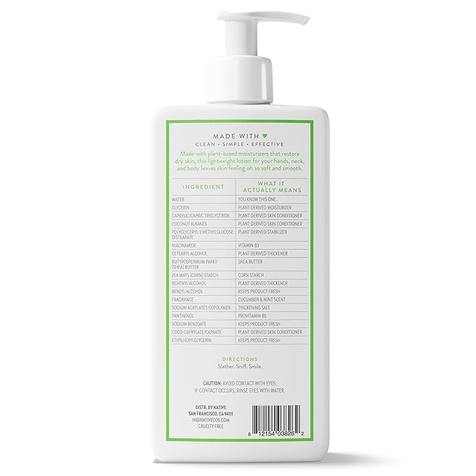 Native Body Lotion, Cucumber & Mint, 48-Hour Hydration for Dry & Sensitive Skin, Made with Plant-Based Moisturizers like Shea Butter, Silicone & Paraben Free, 16.5 fl oz