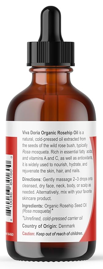 Viva Doria Organic Rosehip Oil, Unrefined, Cold-Pressed, 118 mL (4 Fl Oz) For Hair, Nails and Skin