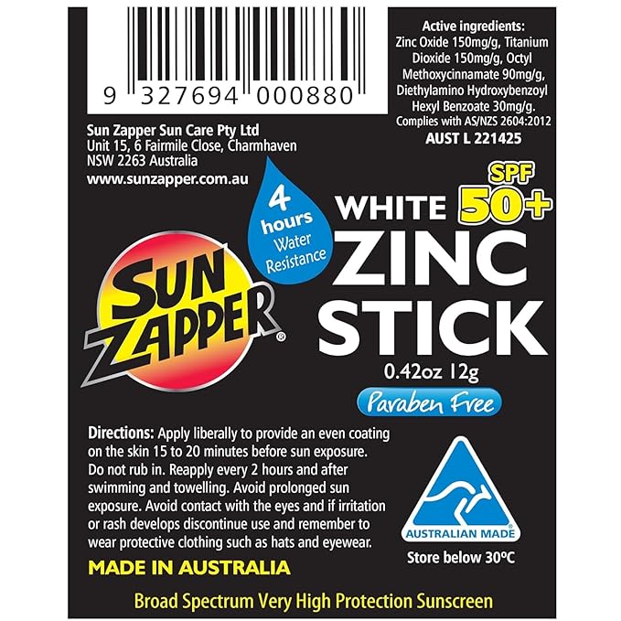 Sun Zapper Zinc Oxide Sunscreen Stick SPF 50+ White – Mineral Sunscreen Stick for Face, Water Resistant Zinc Sunblock for Nose and Cheeks, Broad Spectrum, Travel Size 12g (0.42 oz), Australian Made