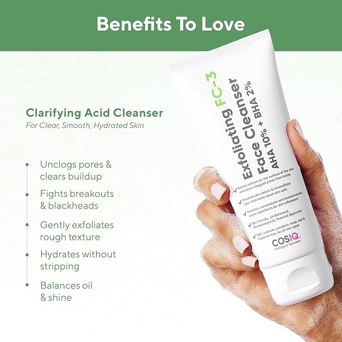 Cos-IQ Exfoliating Face Wash for Oily & Dry Skin | 2% Salicylic Acid BHA & 10% Glycolic Acid AHA | Sulphate-Free Anti-Acne Face Cleanser for Acne, Pimples, Skin Brightening, Dirt & Oil Control | 100ml
